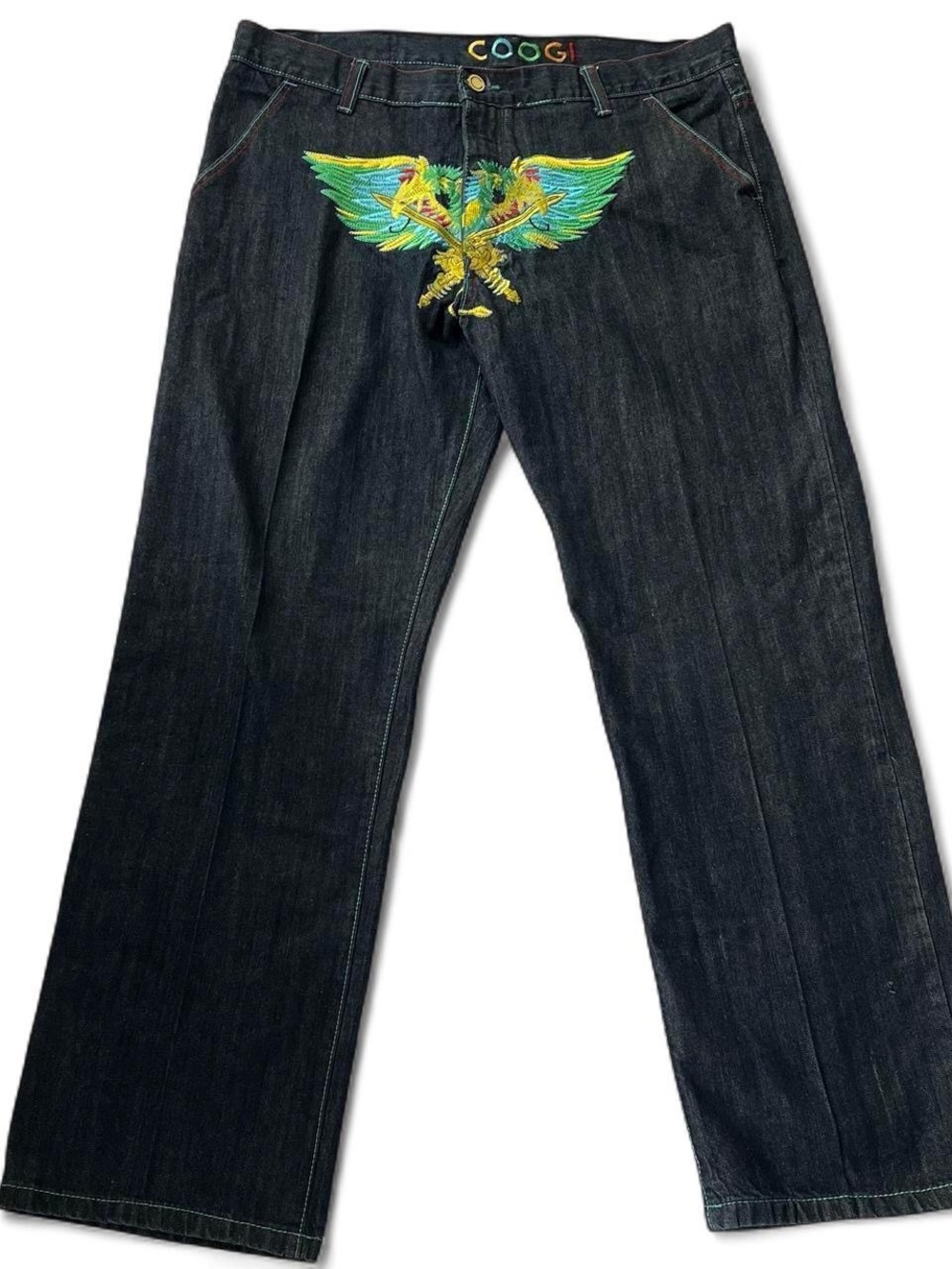 COOGI Black Bootcut Jeans with Green and Yellow Wing Embroidery